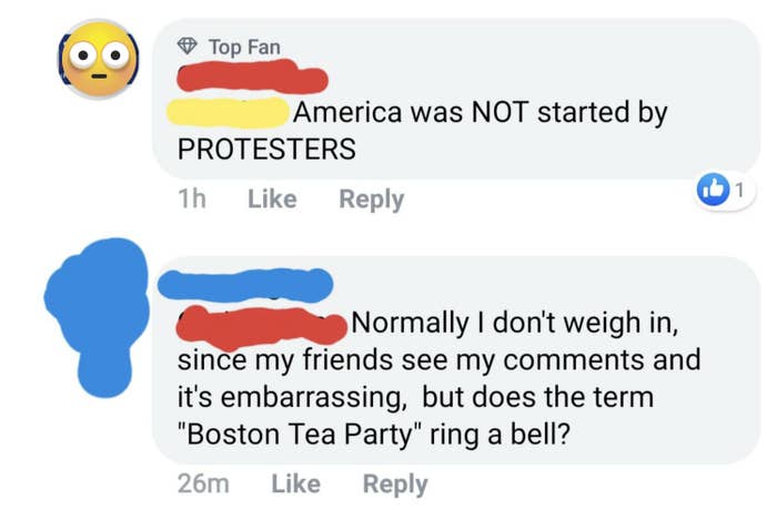 Person who says America was not started by protesters and the other person says you are aware of the Boston Tea Party