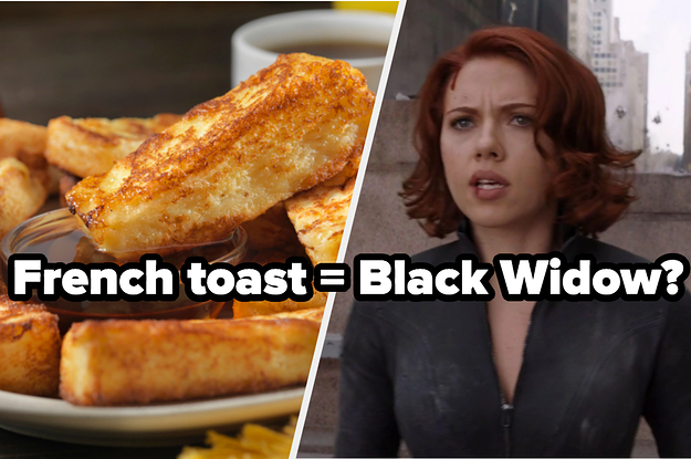 A plate of French toast sticks with a cup of syrup in the middle and Scarlett Johansson as Natasha Romanoff in the movie "The Avengers."