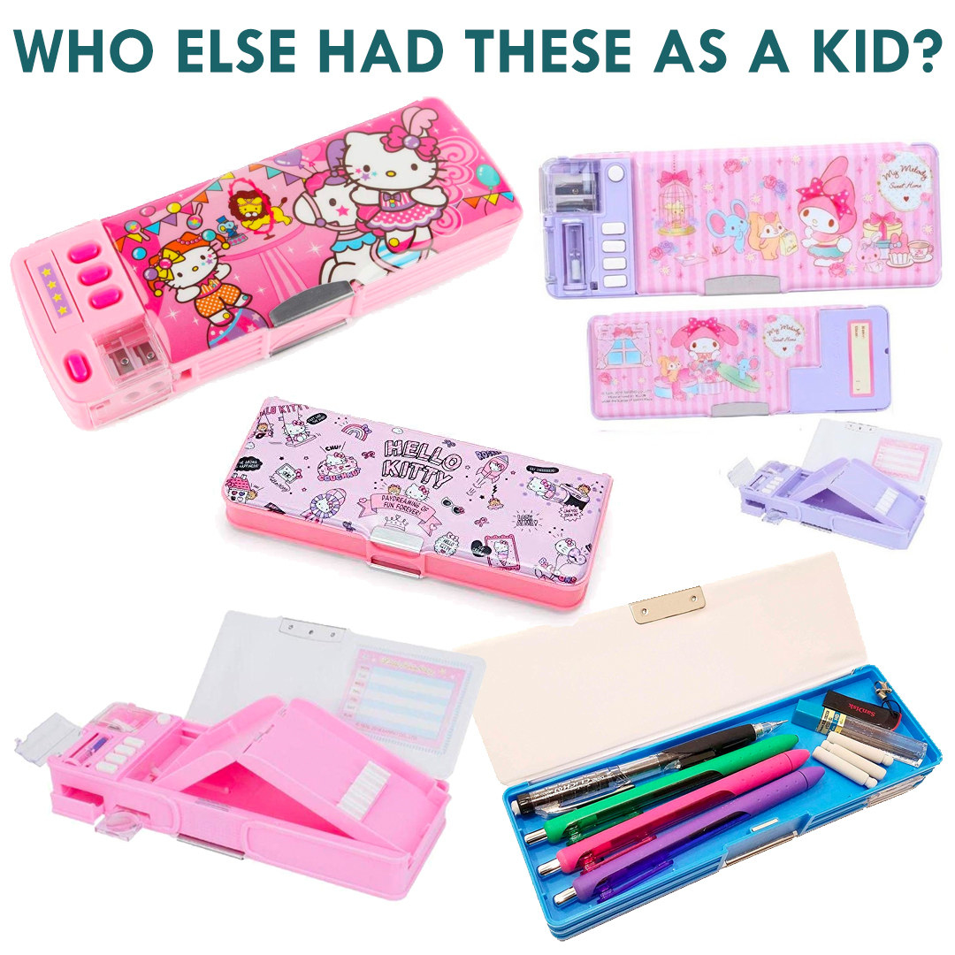 Long plastic pencil cases featuring Sanrio characters with pencil sharpeners and hidden compartments for erasers 