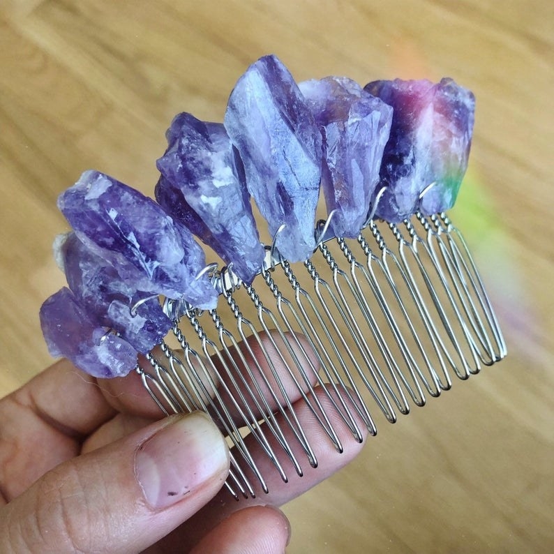 silver hair comb with large amethyst crystals