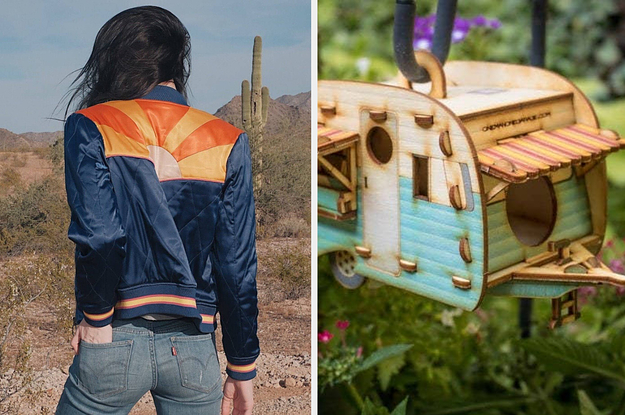 (left) Sun navy bomber jacket (right) birdhouse that looks like a camper