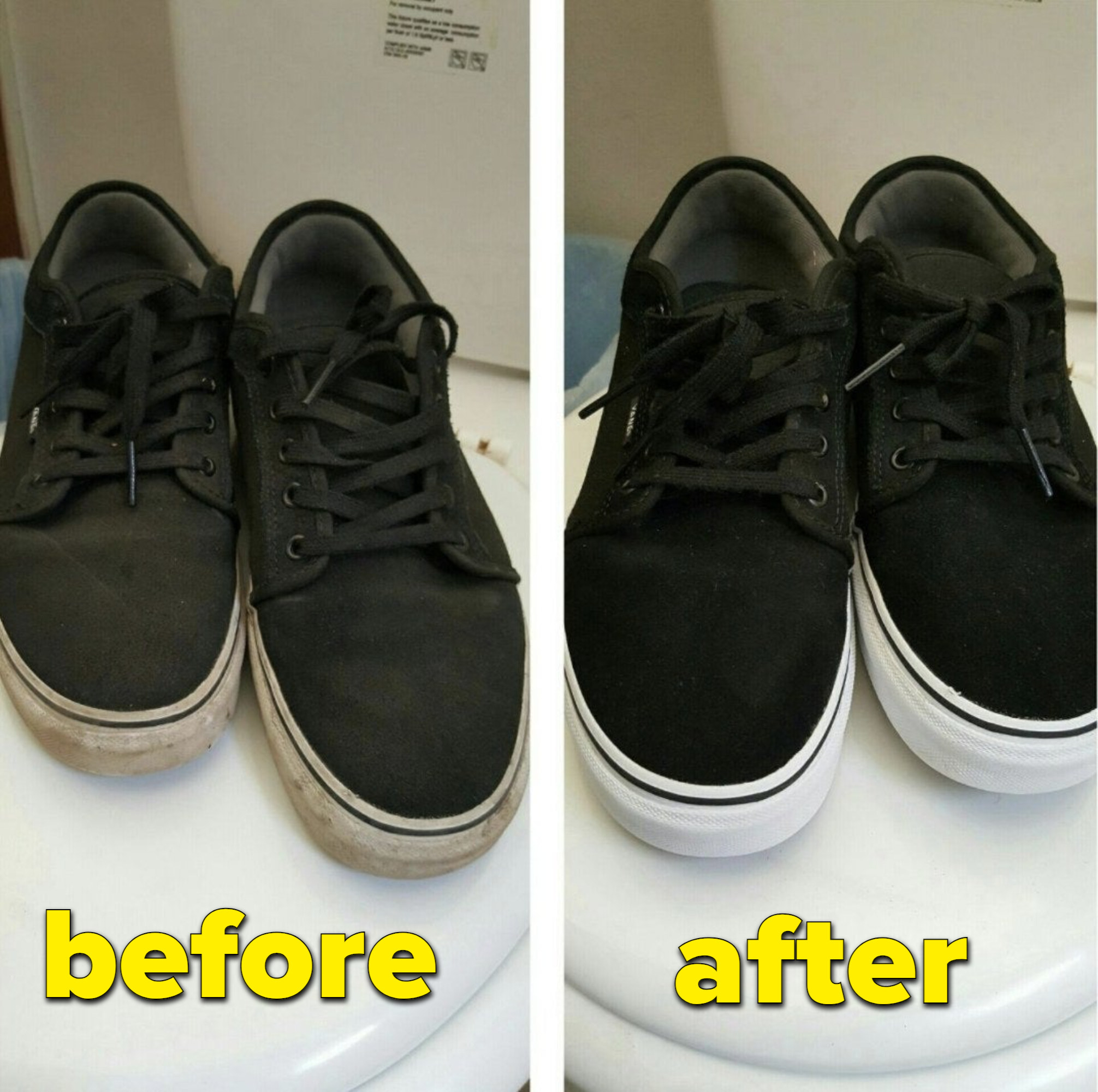 A before and after photo of dirty shoes cleaned with the product