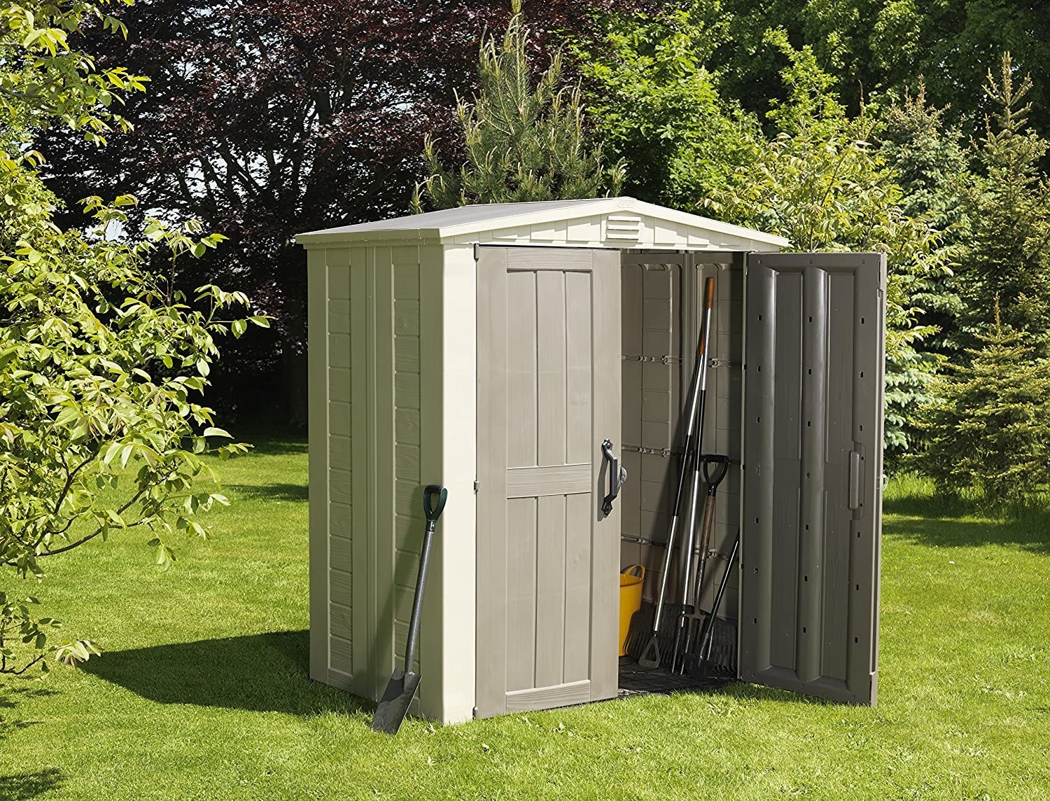 a two door outdoor shed 