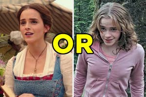 On the left, Emma Watson as Belle in "Beauty and the Beast," and on the right, Emma Watson as Hermione Granger in "Harry Potter" with "or" typed in the middle