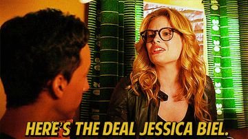 Britta saying &quot;here&#x27;s the deal Jessica Biel&quot; on Community