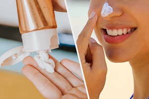 on the left is a woman applying sunscreen on her hands while on the right is an image of a woman applying sunscreen to her nose