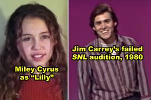 Side-by-side of a young Miley Cyrus and Jim Carrey