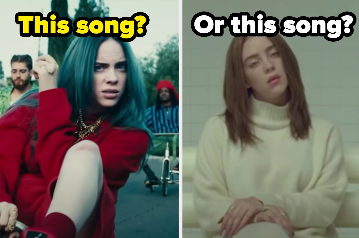 Billie Eilish is on the left in a cart labeled, "this song?" and in a sweater on the right labeled, "or this song?"