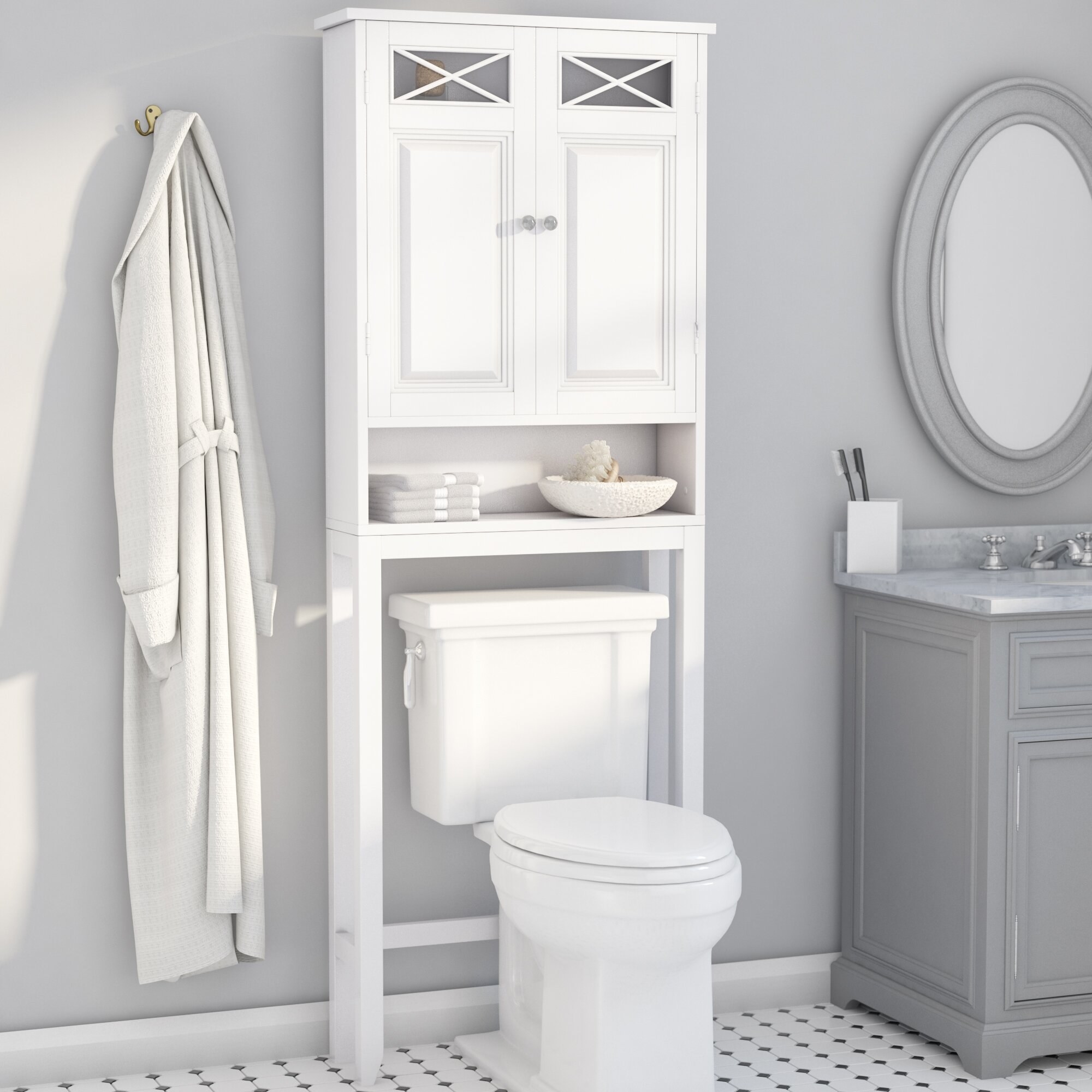 the white shelf and cabinet unit in a bathroom 