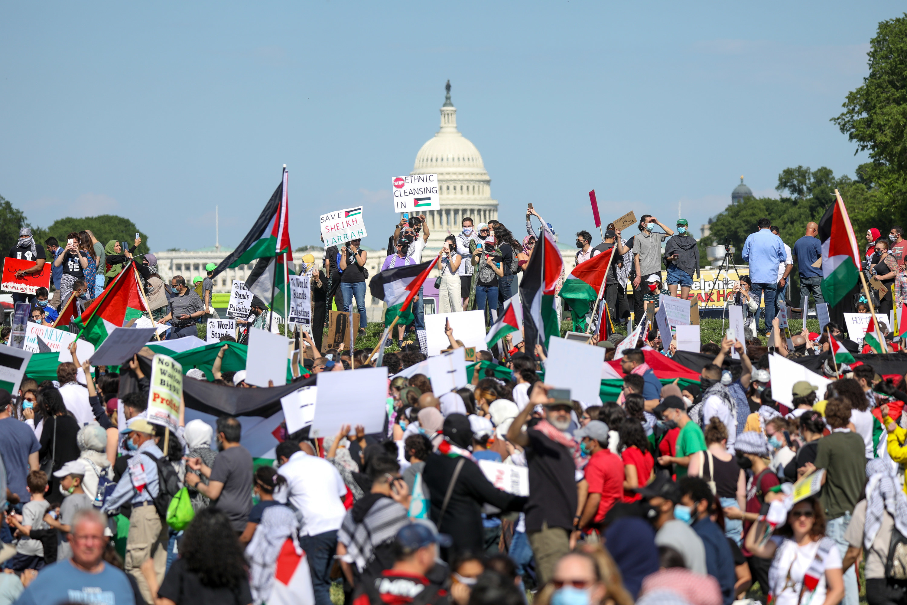 Protesters holding up Palestinian flags and holding up signs gather