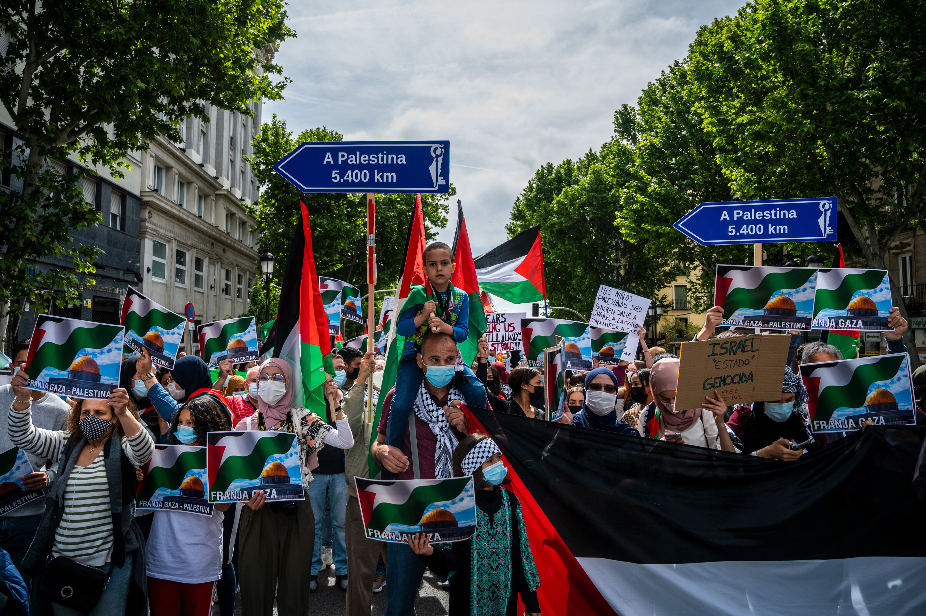 Protesters hold up signs and the Palestinian flag