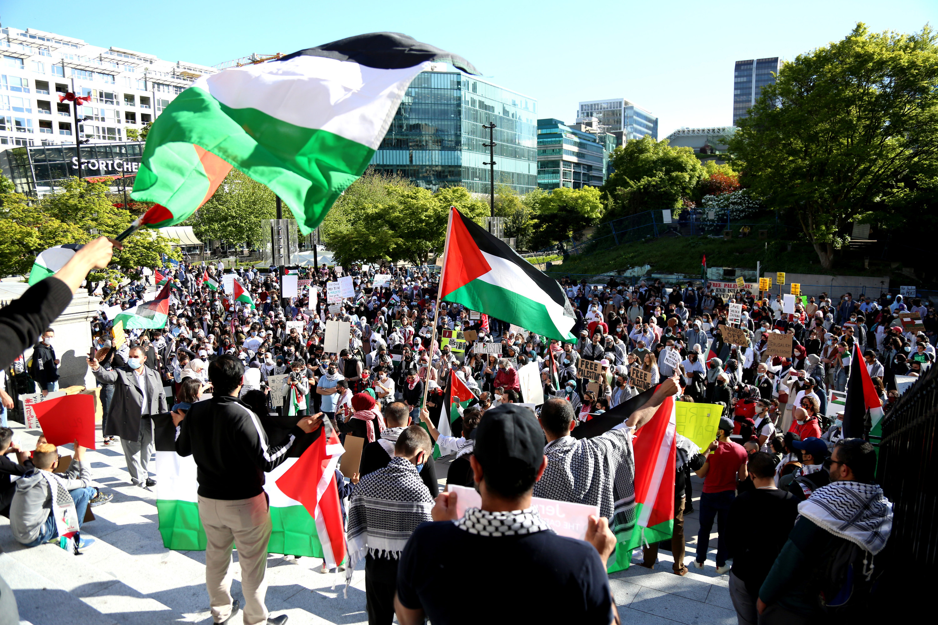 Protesters holding up Palestinian flags gather on steps