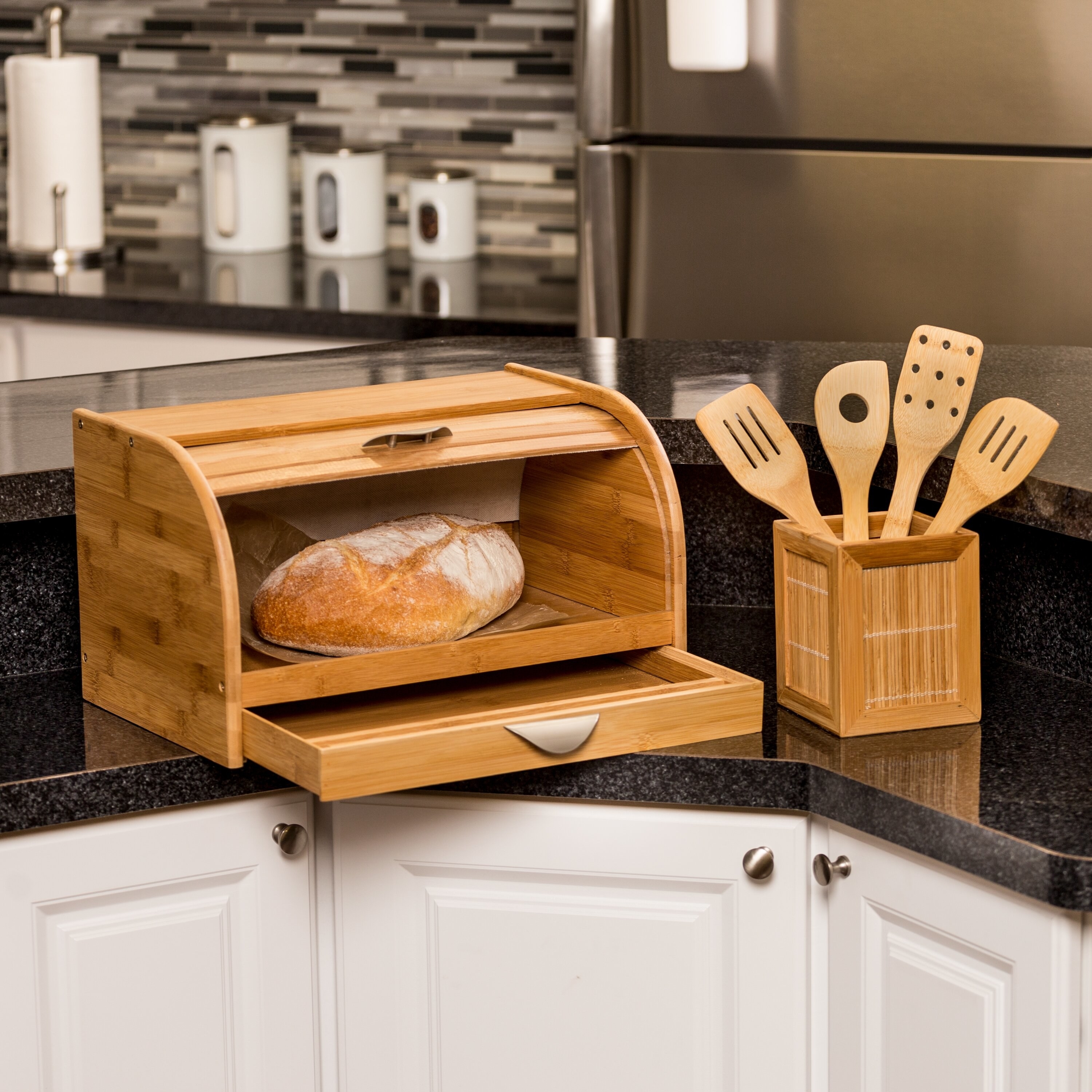 the wood bread box with pull-out drawer