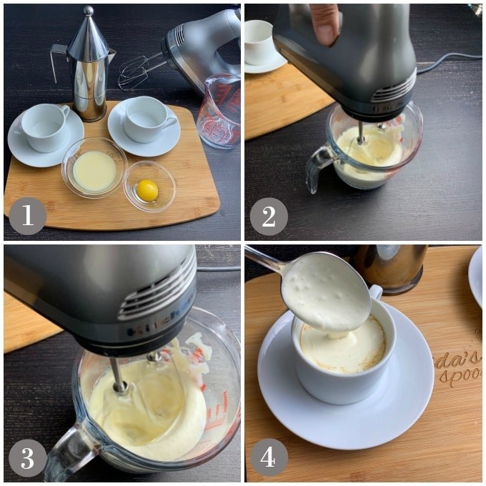 A four-panel picture shows the four steps to making egg coffee. The first shows all the ingredients separately, the second and third squares show a hand mixer blending the ingredients, and the last square shows a spoon dribbling the egg coffee into a cup