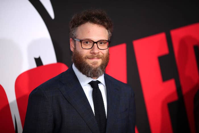 Seth Rogen in a suit and tie on the red carpet