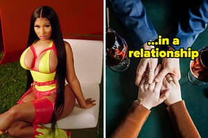 Nicki Minaj is on the left sitting on a chair with a couple on the right holding hands labeled, "in a relationship"