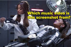 Ariana Grande is laying down as a robot and standing as a doctor labeled, "Which music video is this screenshot from?"