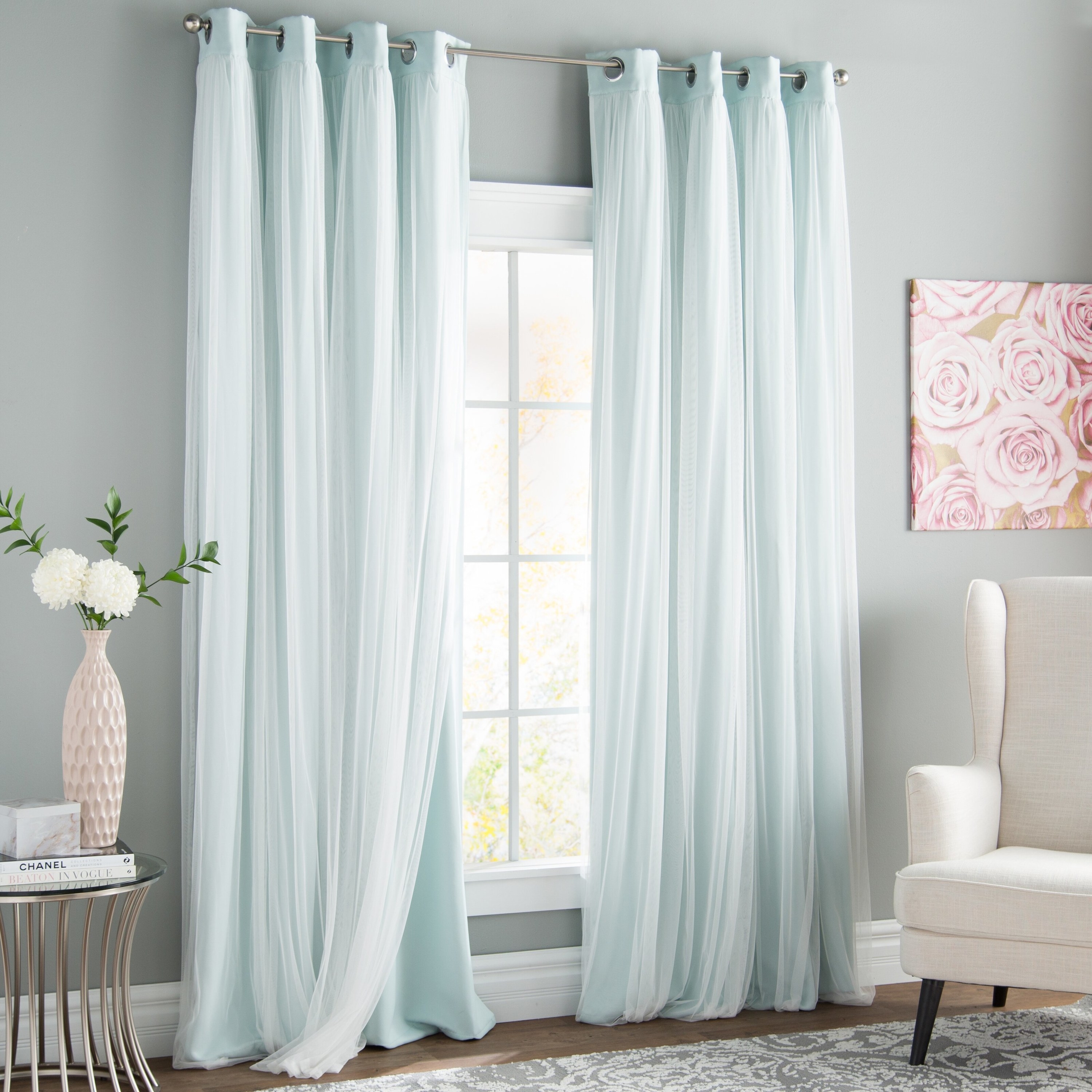 Blackout curtains hanging in living room