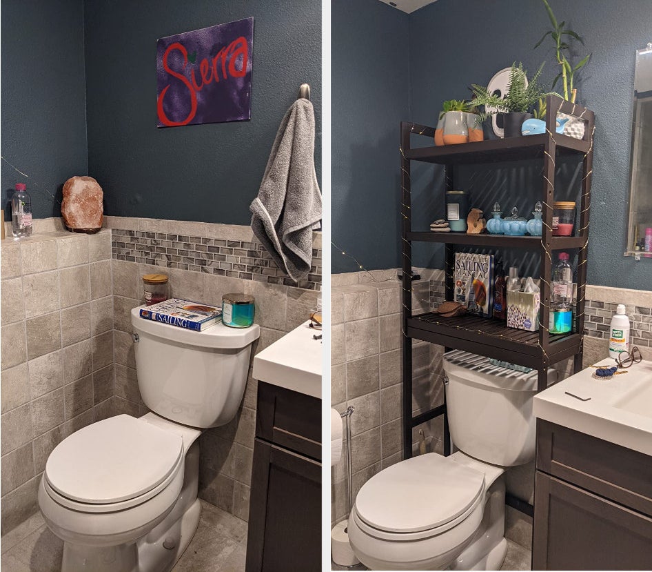 reviewer before and after photo of the over the brown toilet organizer 