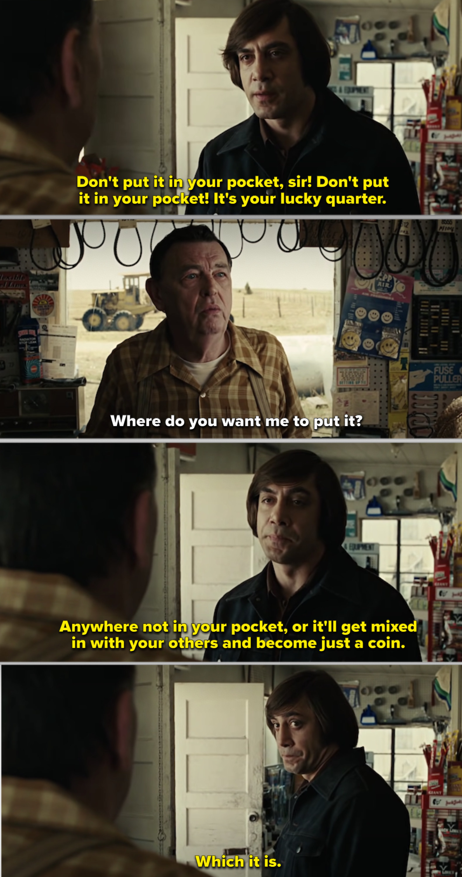 Javier Bardem talking to the store owner