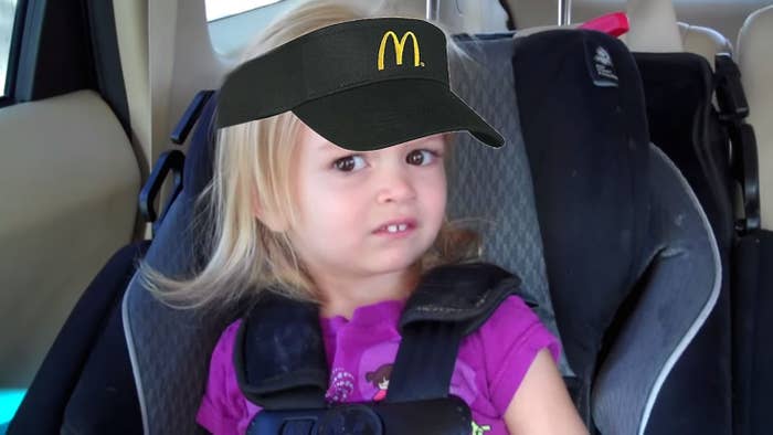the Chloe meme girl making a funny face with a photoshopped mcdonalds hat on her head