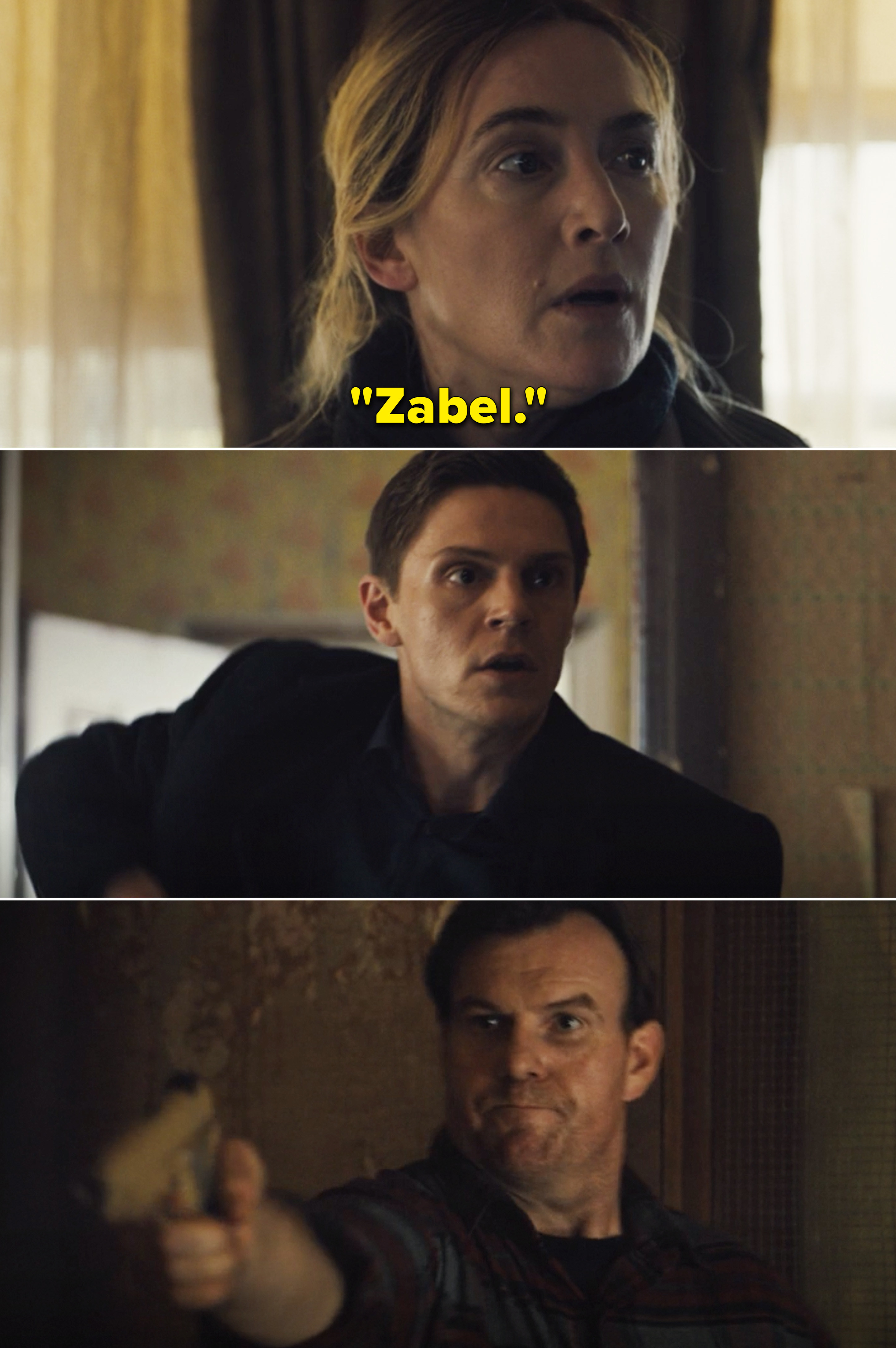 Kate calls out &quot;Zabel,&quot; who reaches for his gun, but Wayne pulls out his gun