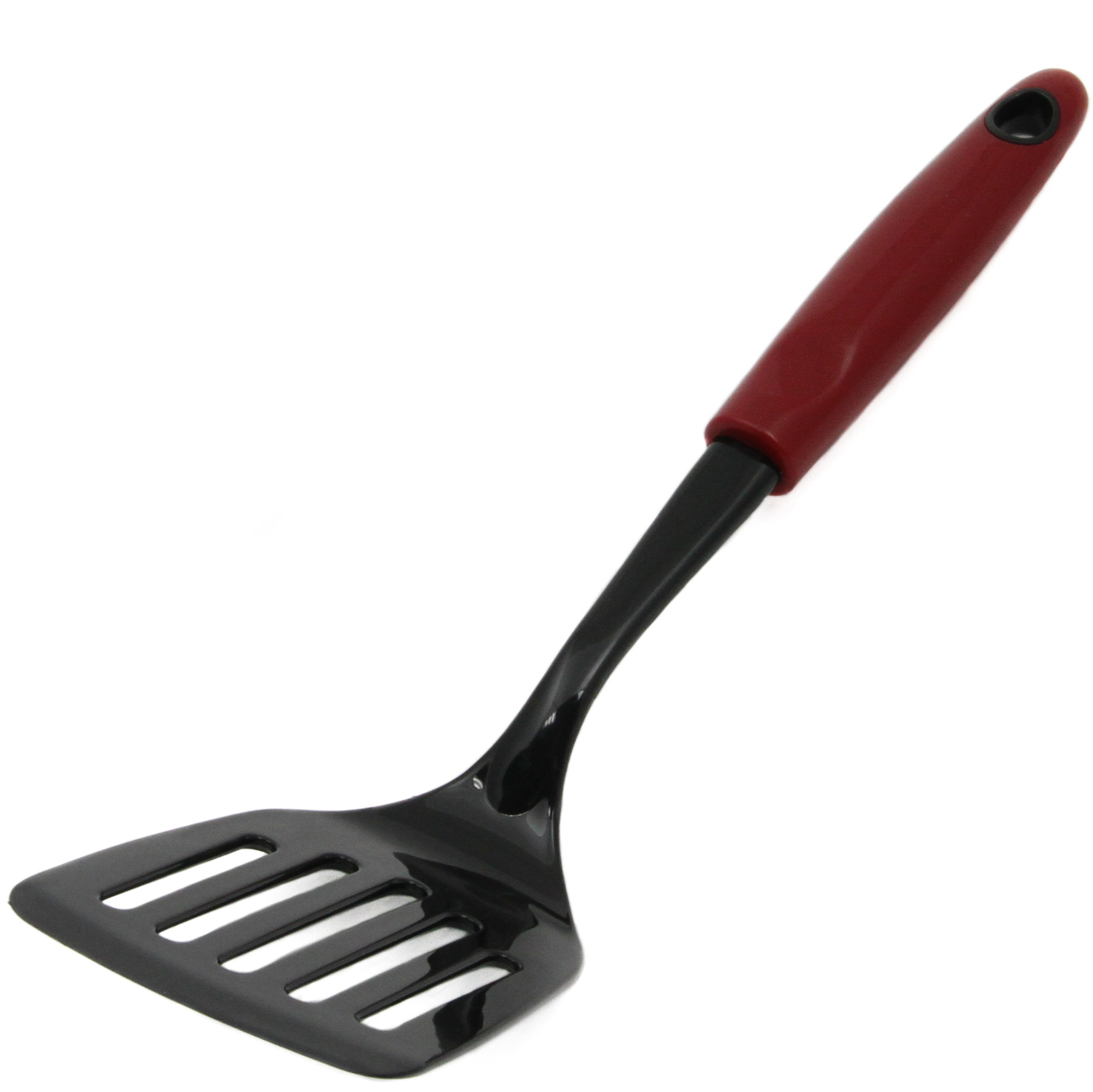 A spatula with a red handle