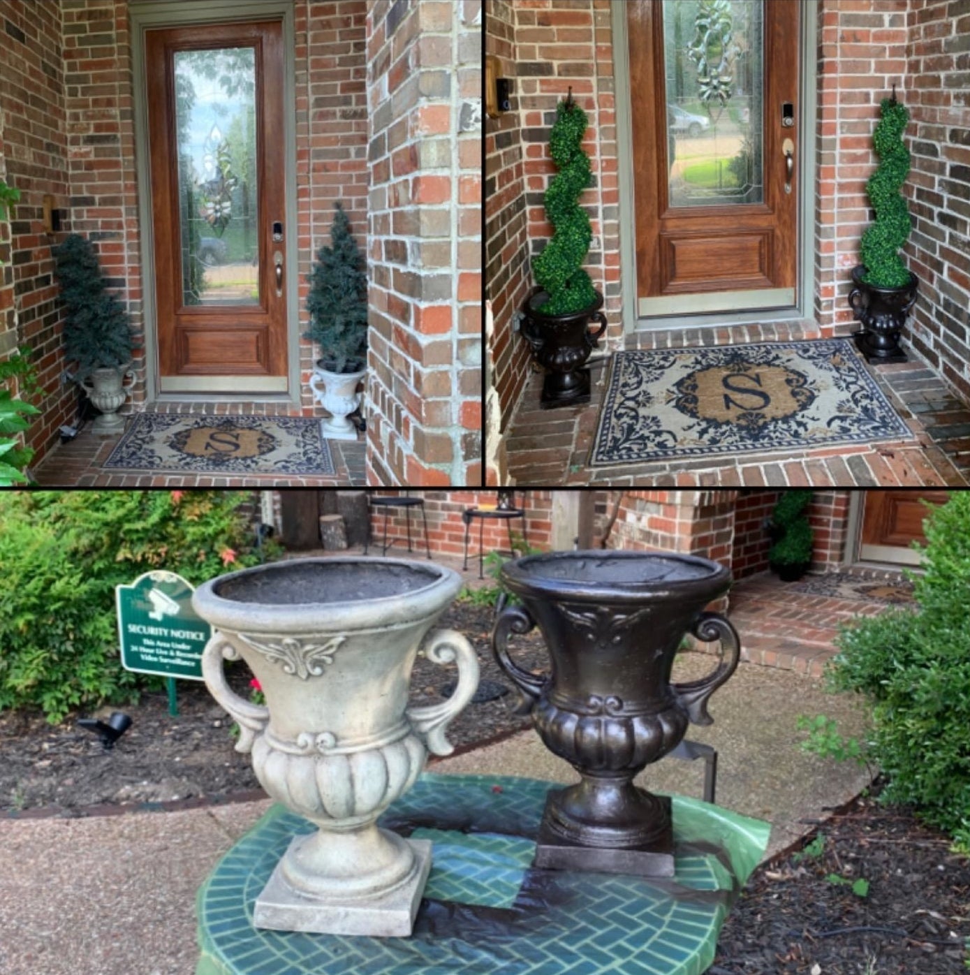 a before and after photo of a pot spray painted with the metallic spray
