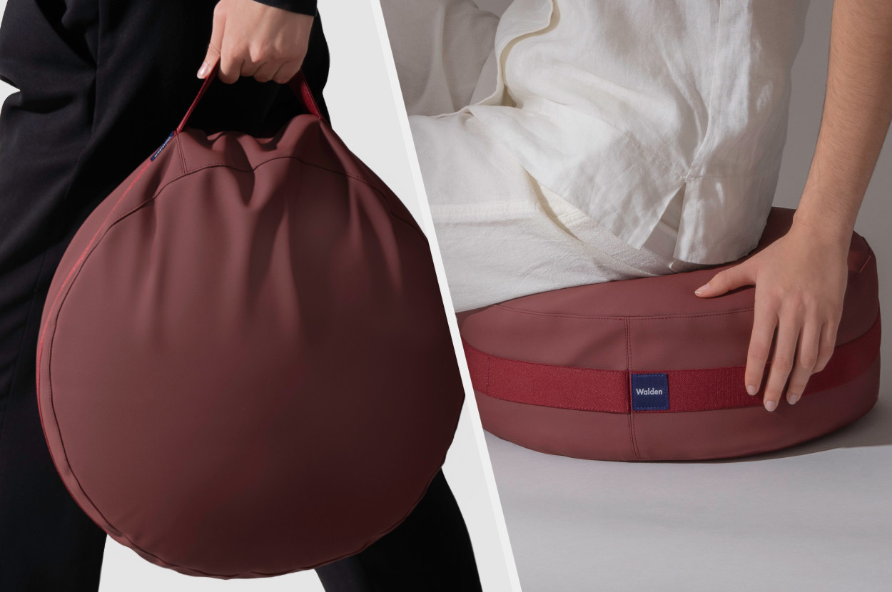 Split image of a model holding maroon-colored cushion from handle and sitting on said cushion