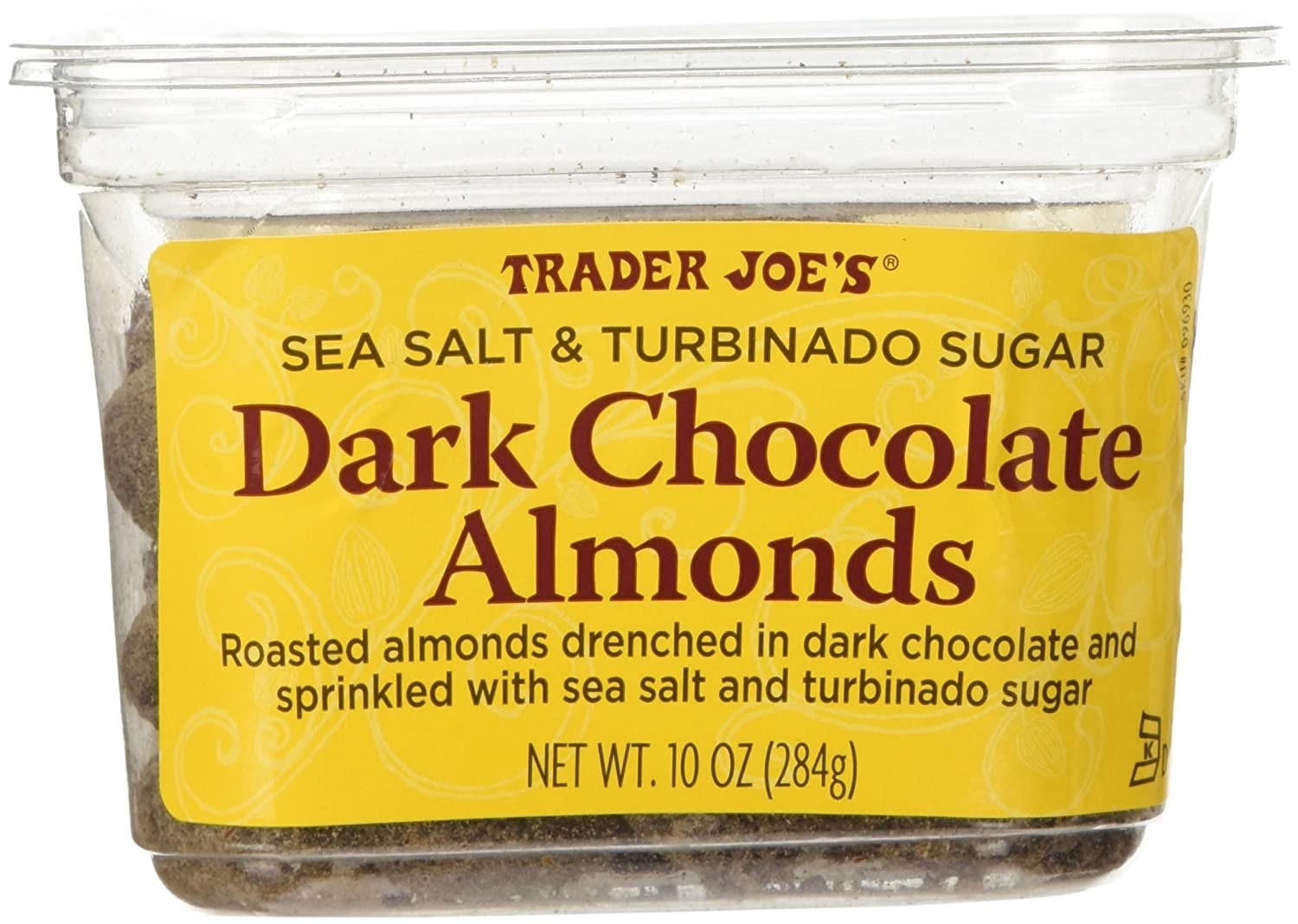 A box of chocolate sea salt and turbinado sugar almonds