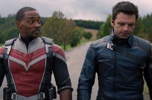 Anthony Mackie as Sam Wilson and Sebastian Stan as Bucky Barnes in the show "The Falcon and the Winter Solider."