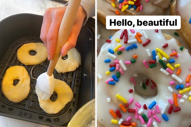 on left doughnuts being prepared and on right a vanilla donut