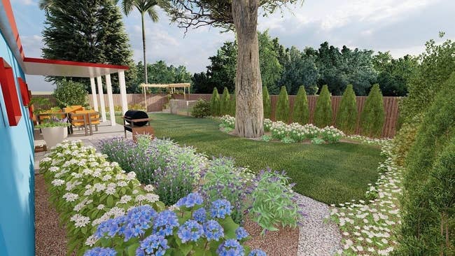 a rendering of a yard showing flowers, grass, a patio, etc