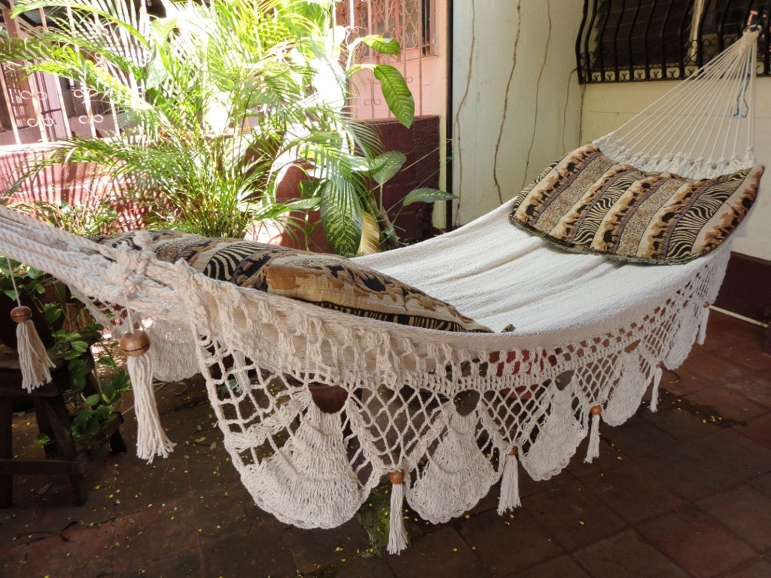 Hammock outside next to plant with pillows on top