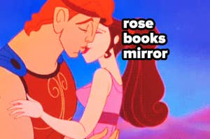 Hercules and Meg next to the words rose, books, and mirror