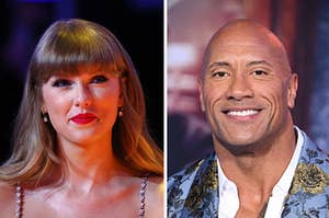 Taylor Swift is on the left smiling with Dwayne Johnson on the right looking straight ahead