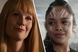 Gwyneth Paltrow as Pepper Potts in the movie "Iron Man 2" and Tessa Thompson as Valkyrie in the movie "Thor: Raganrok." 