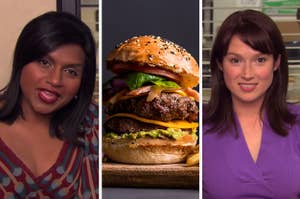 Mindy Kaling as Kelly Kapoor, a hamburger slider with guacamole, and Ellie Kemper as Erin Hannon in the show "The Office." 