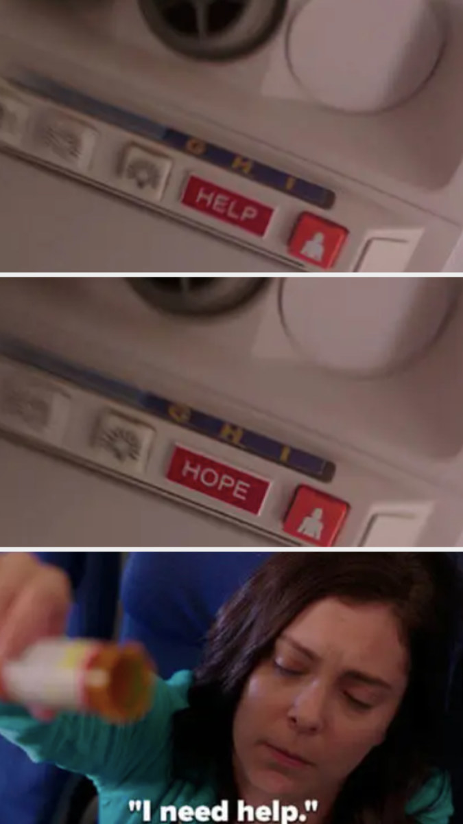 Rebecca sees the &quot;help&quot; sign flashing on the plane as she overdoses, &quot;I need help&quot;