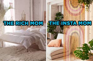 On the left, a fancy, minimalist bedroom with an exposed brick wall and a fluffy rug labeled "The Rich Mom," and on the right, a fun living room with tons of plants surrounded by a beaded curtain labeled "The Insta Mom"