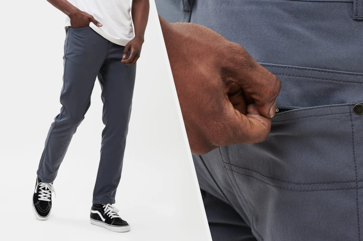 Split image of blue-gray pants showing the cut as well as the back pocket zipper