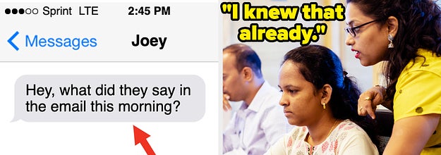 On the left is a guy texting asking what was said in the email this morning, and on the right is a girl saying