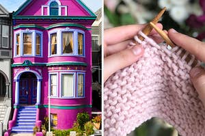 On the left, a bright townhouse, and on the right, someone knitting