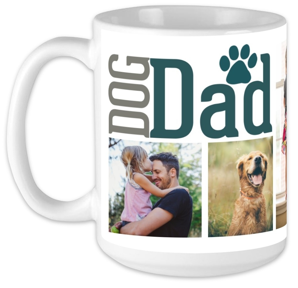 a white mug that says dog dad on it and has photos around it