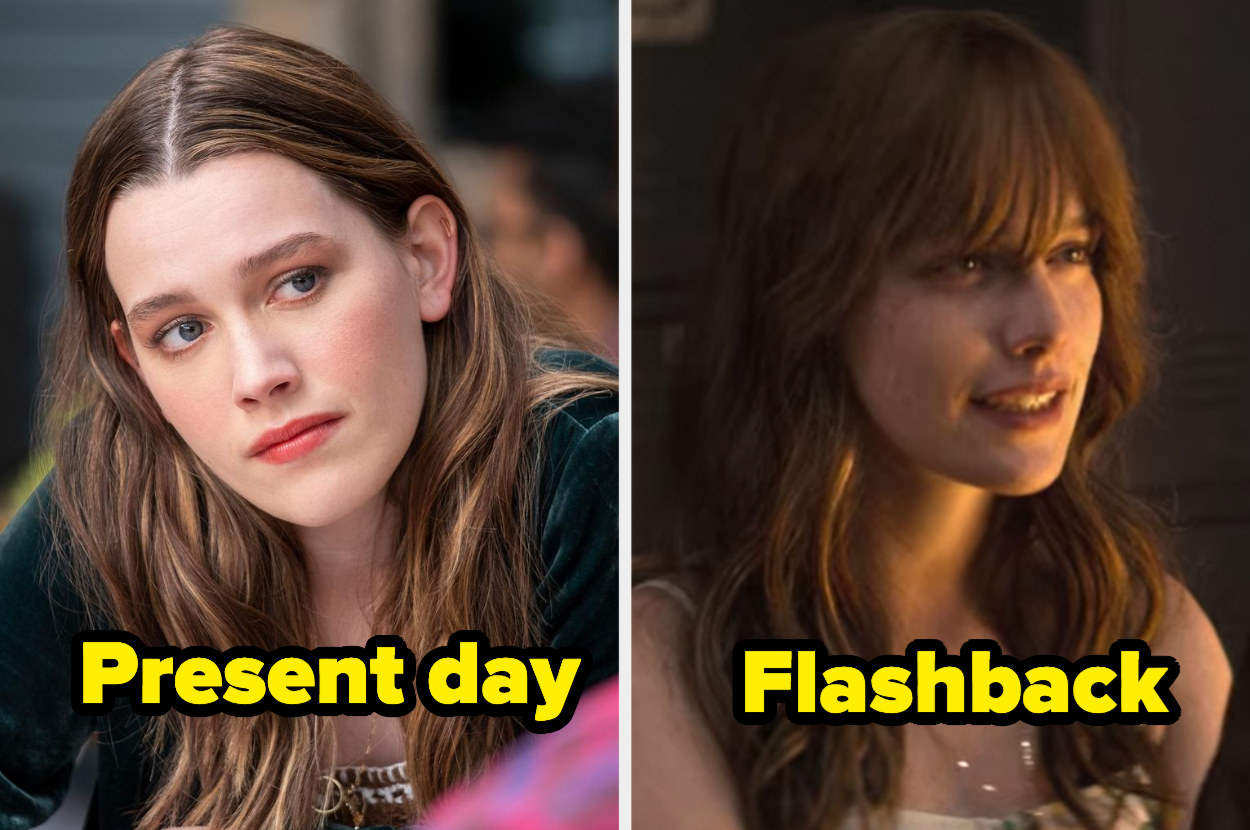 Present-day Love with wavy hair and a middle part and flashback Love with the same wavy hair but with bangs. 