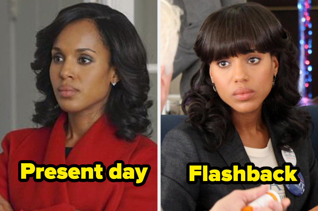 Present-day Olivia Pope with relaxed hair with curls and a side part next to flashback Olivia with relaxed hair and thick bangs. 