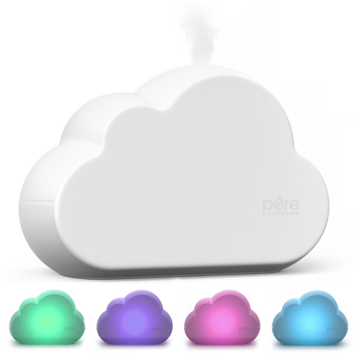 The cloud-shaped humidifier and some of the colors it changes to