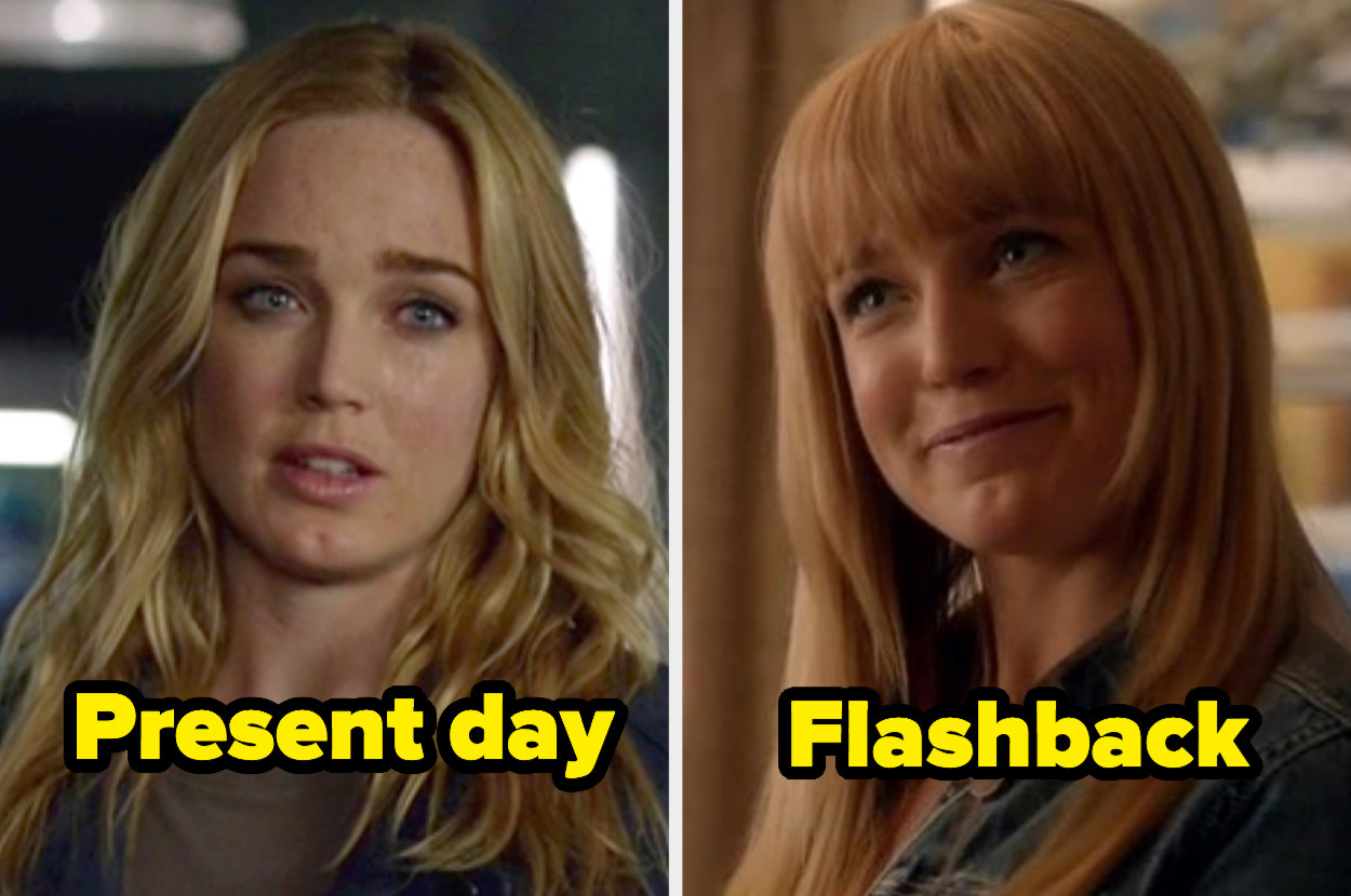 Present-day Sara with wavy curls and a side part next to flashback Sara with yellow-y blunt bangs with layers. 