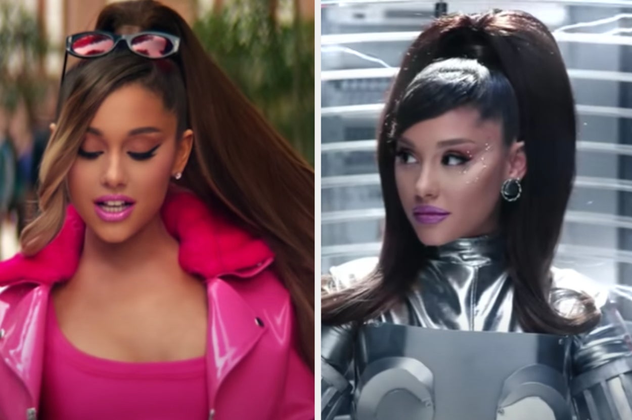 Ariana Grande is posing on the left and right while wearing sunglasses