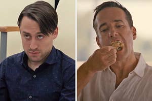On the left, Kieran Culkin as Roman on "Succession," and on the right, Matthew Macfadyen eating chicken as Tom on "Succession"